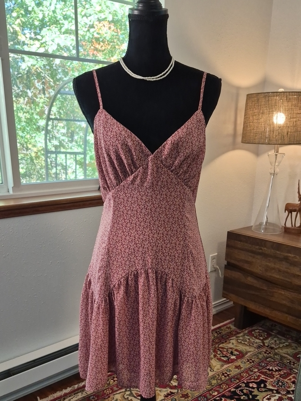 STORIA Micro Floral Thin Strap Vneck Flowy Mini Dress NWT Rose Large